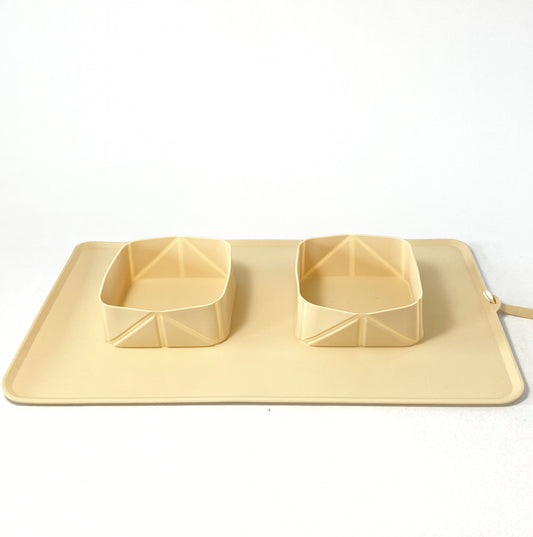 Travel Portable Foldable Silicone Dog Bowls for Food and Water with Placemat - Beige