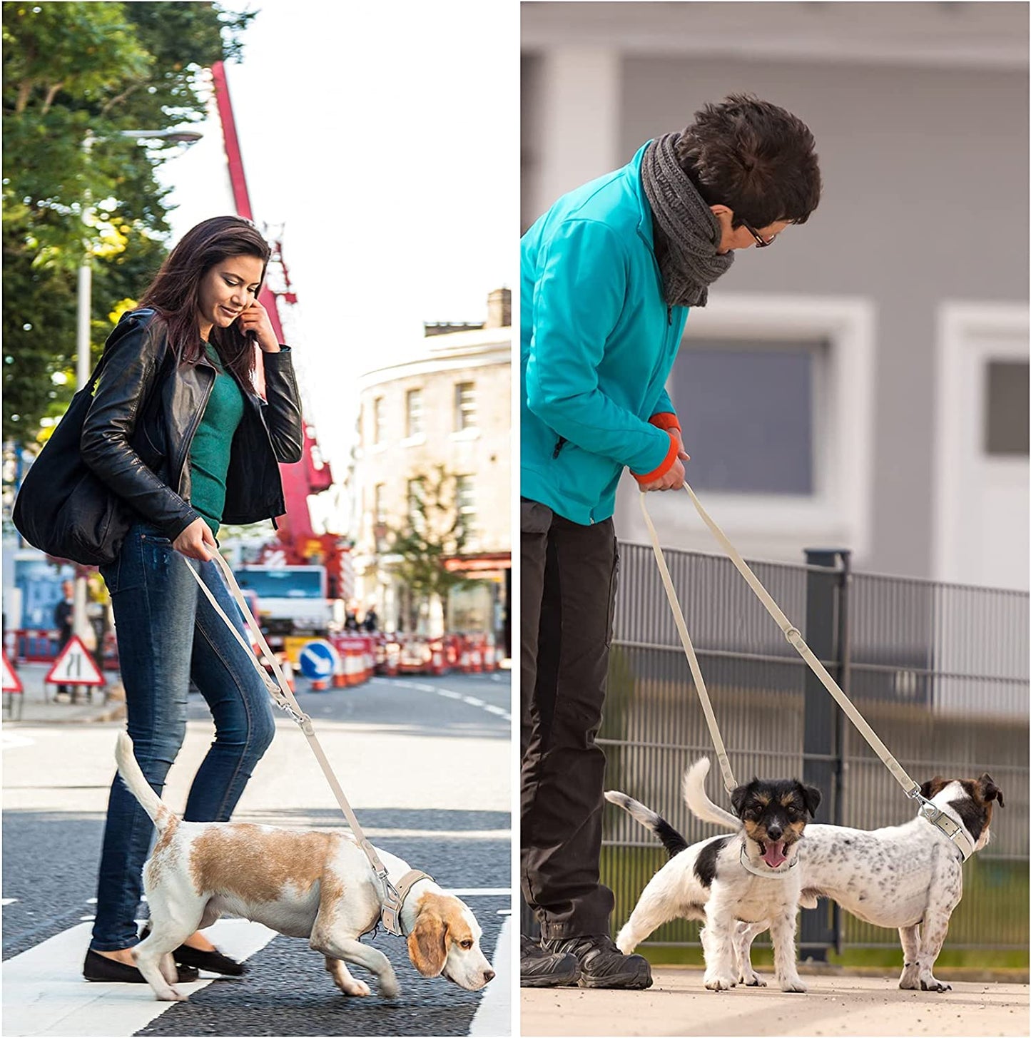Dog Leash from Durable Waterproof Material with 2 Hooks and Adjustable Length - Sand
